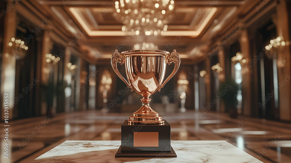 A trophy displayed on a marble pedestal in an elegant hall, symbolizing achievement and success. A trophy displayed on a marble pedestal in an elegant hall, symbolizing achievement and success.