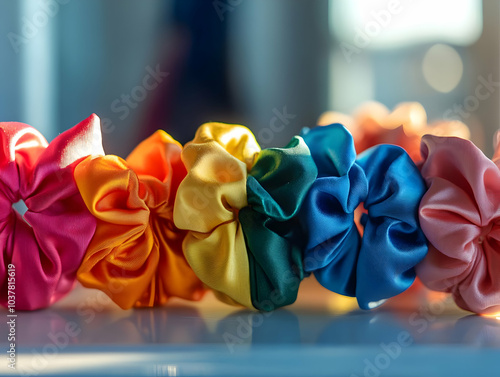 Brightly colored satin scrunchies arranged in a vibrant row. Perfect for fashion and hair accessory themes. photo