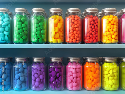 Colorful jars filled with crafting beads arranged neatly on a shelf, creating a vibrant and artistic display.