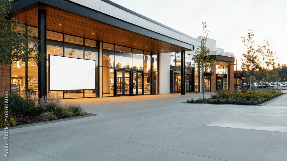 Contemporary retail storefront with blank billboard at sunset Contemporary retail storefront with blank billboard at sunset