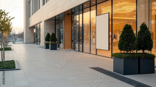 Modern commercial building exterior with large windows and minimalist landscaping at sunset