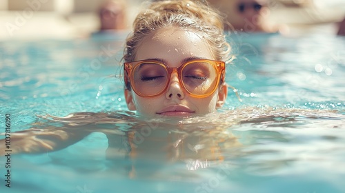 A woman floating in a pool, eyes closed, wearing large orange sunglasses, enjoying a calm and relaxing moment in the water.