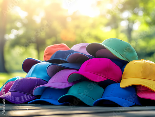 A vibrant collection of colorful caps stacked outdoors in natural light. photo