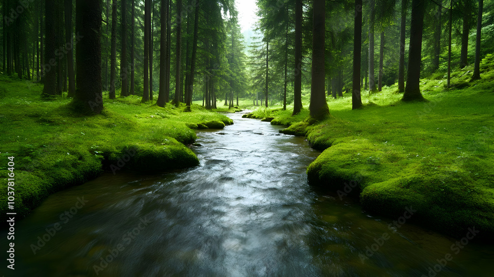 Obraz premium A serene forest scene featuring a gentle stream surrounded by lush greenery and towering trees.