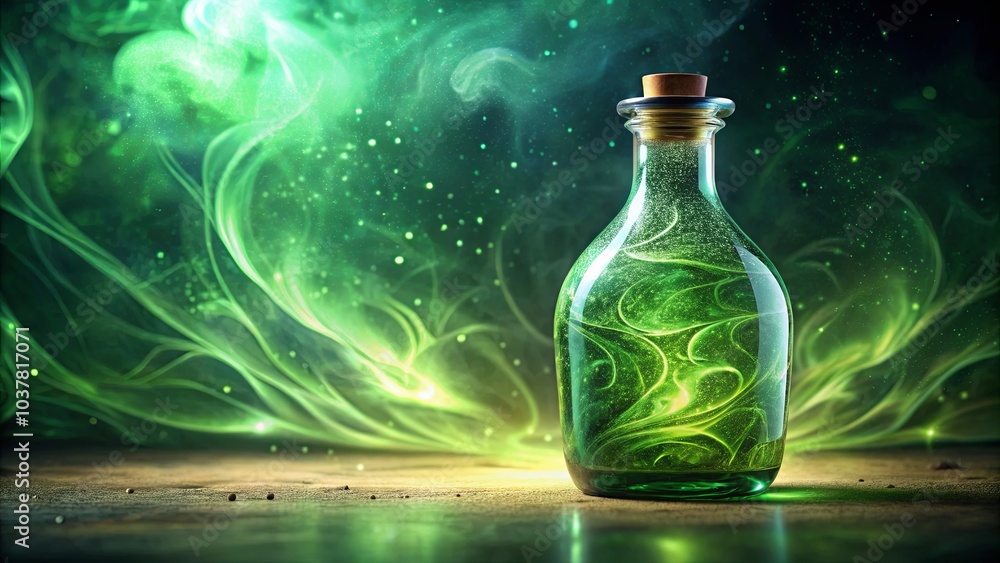 A glimmering green liquid within a glass bottle emits an ethereal glow, casting a magical aura against a backdrop of swirling green smoke. A glimmering green liquid within a glass bottle emits an ethereal glow, casting a magical aura against a backdrop of swirling green smoke.