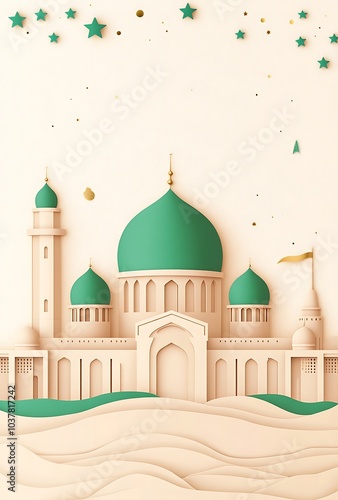 A paper cut illustration of a mosque with green domes and minarets, set against a background of sand dunes and a sky dotted with stars. photo