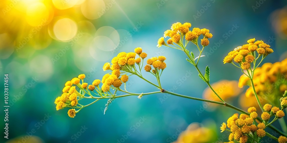 Sunlight Illuminates a Delicate Branch of Vibrant Yellow Flowers Against a Soft Blue and Green Background Sunlight Illuminates a Delicate Branch of Vibrant Yellow Flowers Against a Soft Blue and Green Background