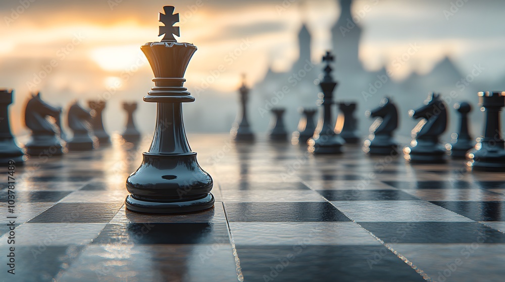 Strategic Chess Game, Close-Up of King Piece on Chessboard, Concept of Strategy and Leadership Strategic Chess Game, Close-Up of King Piece on Chessboard, Concept of Strategy and Leadership