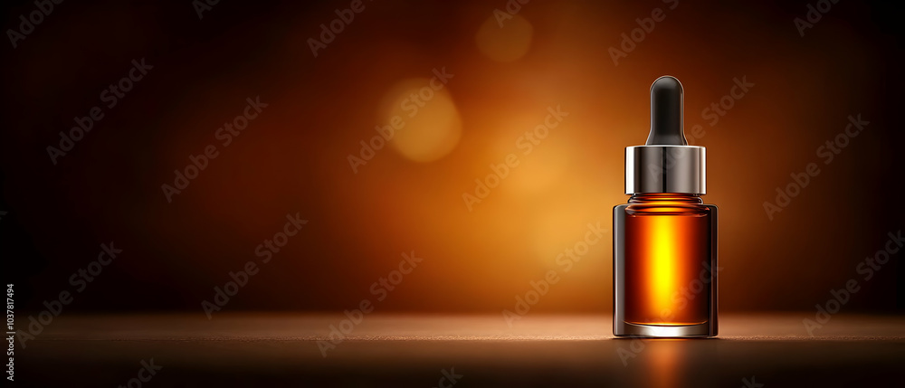 A glass dropper bottle with amber liquid on a dark blurred background. A glass dropper bottle with amber liquid on a dark blurred background.