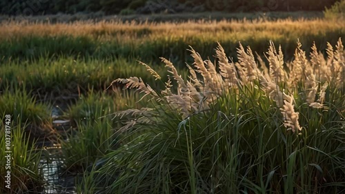 Animation of Gentle Breezes in Reed Grass Meadows. Soft breezes flowing through serene reed grass fields. Realistic motion. photo