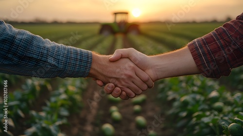 Farmers Shaking Hands in Agricultural Field at Sunset Concept of Partnership and Sustainable Farming