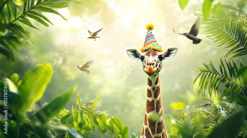 A cheerful giraffe wearing a party hat surrounded by lush greenery and birds, creating a festive jungle atmosphere. photo