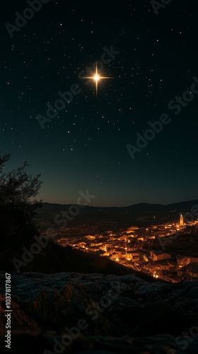 Star of Bethlehem glowing above a small village at night, soft warm light from the star illuminating the landscape below, distant silhouettes of buildings, calm and peaceful mood, clear starry sky