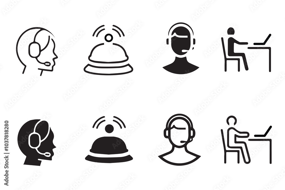 Reception desk web icon set. Vector illustration of receptionist, hotel bell, customer service, counter, information, registration, reservation, staff, guest, client, assistance, cashier., restaurant. Reception desk web icon set. Vector illustration of receptionist, hotel bell, customer service, counter, information, registration, reservation, staff, guest, client, assistance, cashier., restaurant.