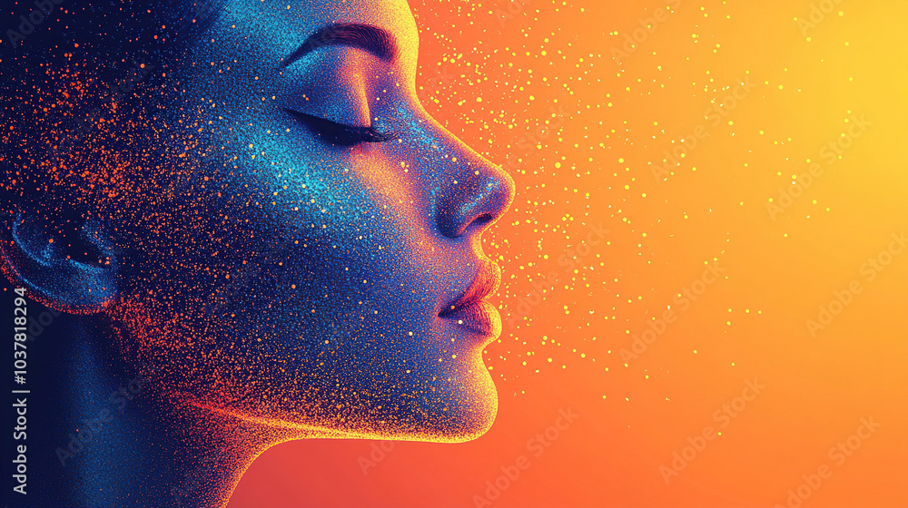 Profile of a beautiful woman made from glowing particles, with an orange and blue gradient background, Profile of a beautiful woman made from glowing particles, with an orange and blue gradient background,