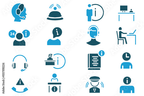 Reception desk web icon set. Vector illustration of receptionist, hotel bell, customer service, counter, information, registration, reservation, staff, guest, client, assistance, cashier., restaurant.