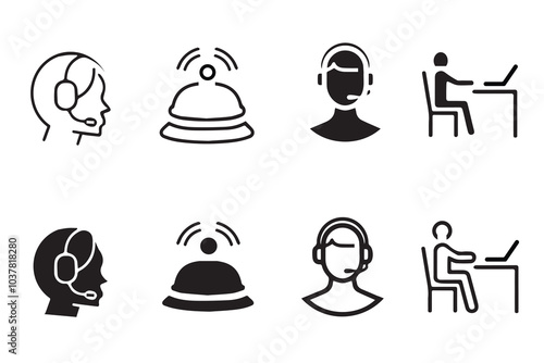 Reception desk web icon set. Vector illustration of receptionist, hotel bell, customer service, counter, information, registration, reservation, staff, guest, client, assistance, cashier., restaurant.