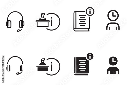 Reception desk web icon set. Vector illustration of receptionist, hotel bell, customer service, counter, information, registration, reservation, staff, guest, client, assistance, cashier., restaurant.