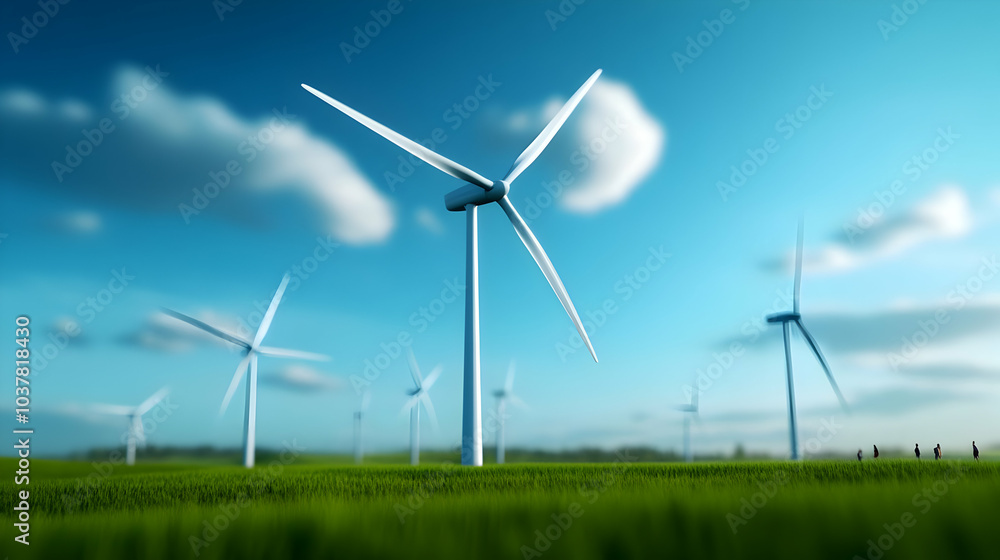Wind turbines in a vibrant green field under a blue sky with fluffy clouds, showcasing renewable energy and sustainable practices. Wind turbines in a vibrant green field under a blue sky with fluffy clouds, showcasing renewable energy and sustainable practices.