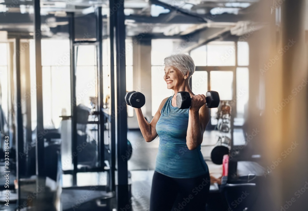 Fototapeta premium A woman in a gym setting, smiling as she lifts dumbbells.