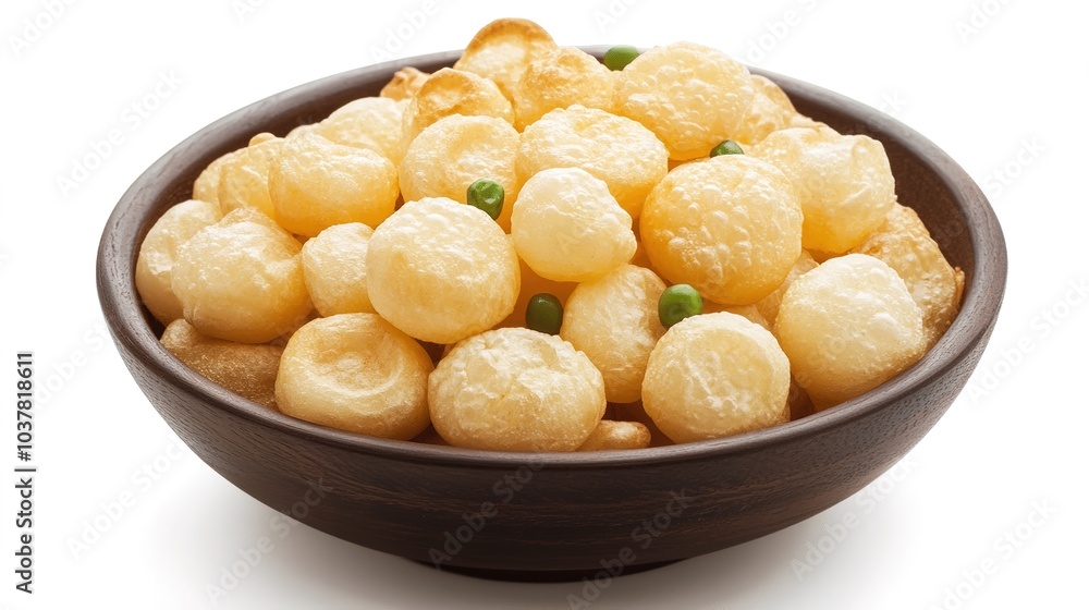 Delicious Pani Puri served on a rustic wooden platter. This popular Indian street food features crispy hollow puris filled with a spicy mixture of tangy tamarind water, chickpeas, and potatoes. Delicious Pani Puri served on a rustic wooden platter. This popular Indian street food features crispy hollow puris filled with a spicy mixture of tangy tamarind water, chickpeas, and potatoes.