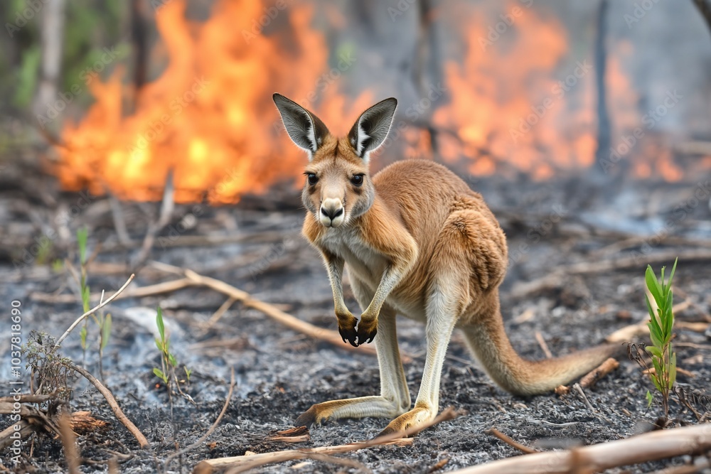 A kangaroo stands amidst a backdrop of smoke and flames from a wildfire. A kangaroo stands amidst a backdrop of smoke and flames from a wildfire.