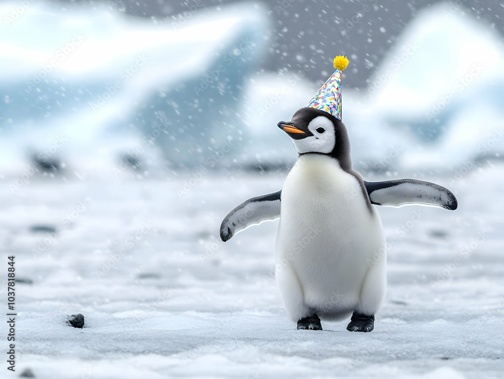 Obraz premium A playful penguin wearing a party hat in a snowy landscape, capturing a moment of joy and celebration.