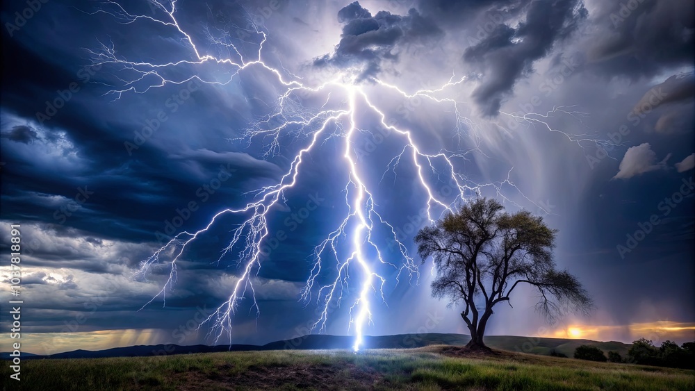 A solitary tree stands tall amidst a vast field, its branches reaching towards the sky, as a dramatic lightning bolt illuminates the stormy clouds above, casting a brilliant glow on the landscape. A solitary tree stands tall amidst a vast field, its branches reaching towards the sky, as a dramatic lightning bolt illuminates the stormy clouds above, casting a brilliant glow on the landscape.