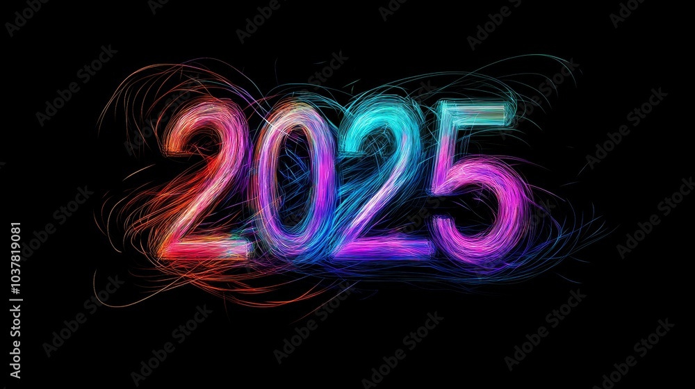 A vibrant digital representation of the year 2025, featuring colorful, swirling numbers against a black background. A vibrant digital representation of the year 2025, featuring colorful, swirling numbers against a black background.