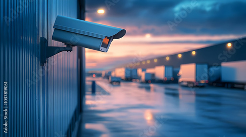 Surveillance camera mounted on a wall, capturing evening light over a transport area with trucks and reflections on wet ground.