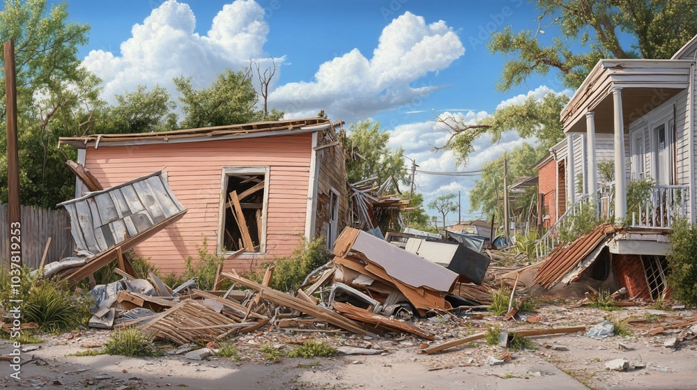 A damaged house amidst debris, showcasing the aftermath of destruction. A damaged house amidst debris, showcasing the aftermath of destruction.