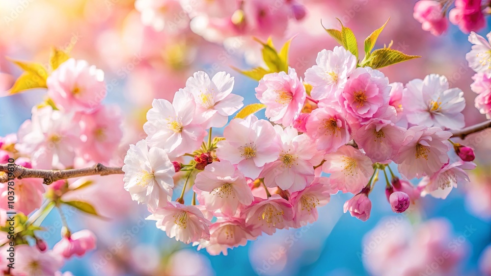 A Delicate Branch Adorned with Soft Pink Blossoms, Basking in the Gentle Glow of a Sunny Day A Delicate Branch Adorned with Soft Pink Blossoms, Basking in the Gentle Glow of a Sunny Day