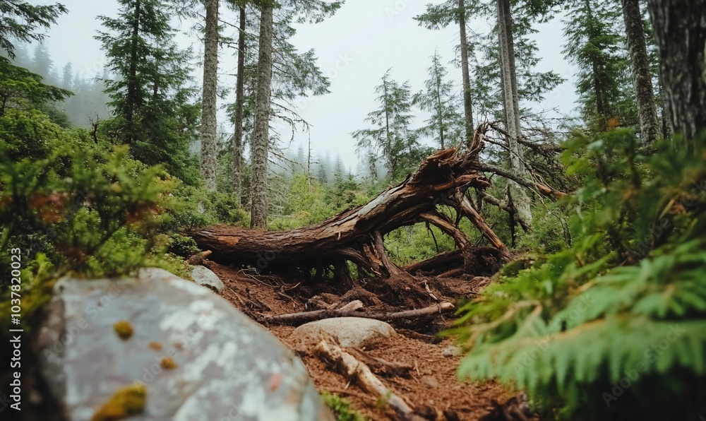 A serene forest scene with fallen trees and lush greenery. A serene forest scene with fallen trees and lush greenery.