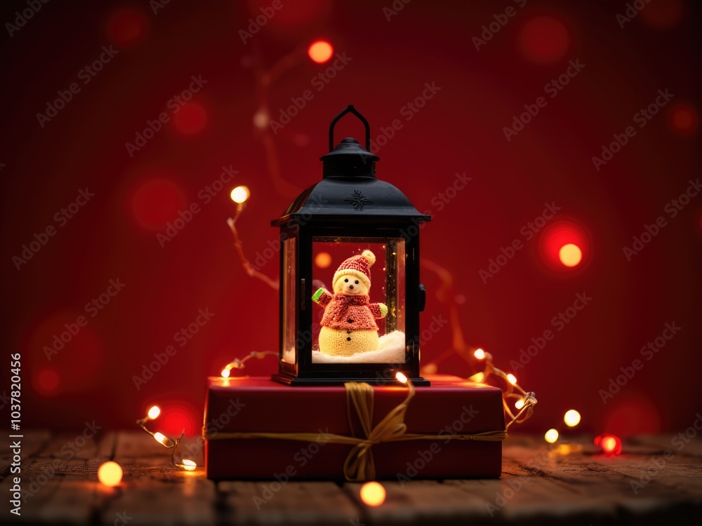 Snowman in Lantern with Christmas Lights Snowman in Lantern with Christmas Lights