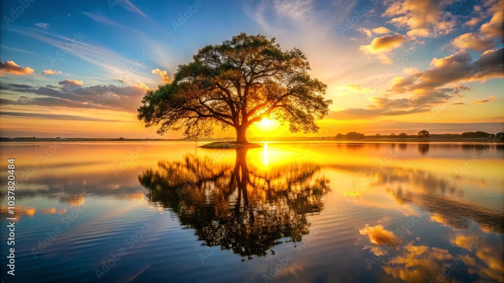 Golden Sunset Reflected in Still Waters, a Solitary Tree Stands Sentinel on a Small Island Golden Sunset Reflected in Still Waters, a Solitary Tree Stands Sentinel on a Small Island