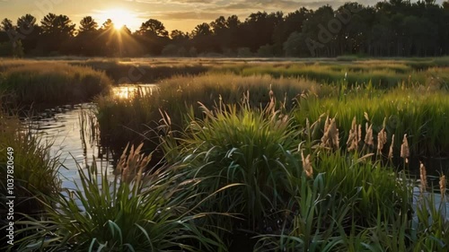 Animation of Wind Kissed Reed Grass Horizons. Gentle winds softly kissing reed grass on a peaceful horizon. Realistic motion. photo