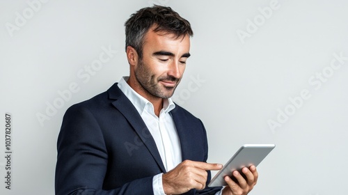 Professional Man in Navy Suit Using Tablet Device