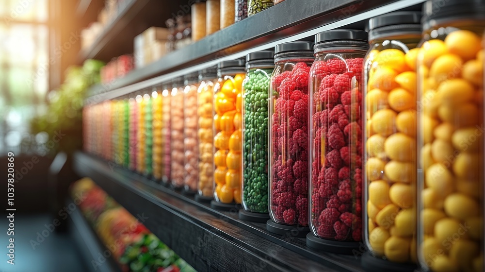 custom made wallpaper toronto digitalColorful jars of fruits and vegetables on a shelf display.