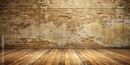 A weathered brick wall reveals a rustic wooden floor, showcasing the passage of time and the enduring beauty of raw materials.