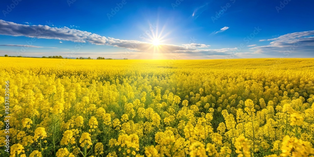 Fototapeta premium A field of vibrant yellow wildflowers basking in the golden glow of the setting sun, with a backdrop of a clear blue sky and fluffy white clouds.