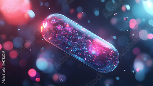 Close-up of a glowing capsule filled with vibrant particles and bubbles, ideal for pharmaceutical concepts -