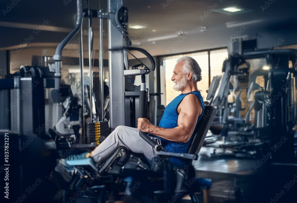 An older man with a gray beard trains in the gym, using a weight machine. An older man with a gray beard trains in the gym, using a weight machine.
