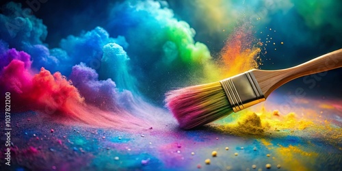 A paintbrush releases a burst of colorful powder, creating a vibrant abstract landscape of swirling hues.