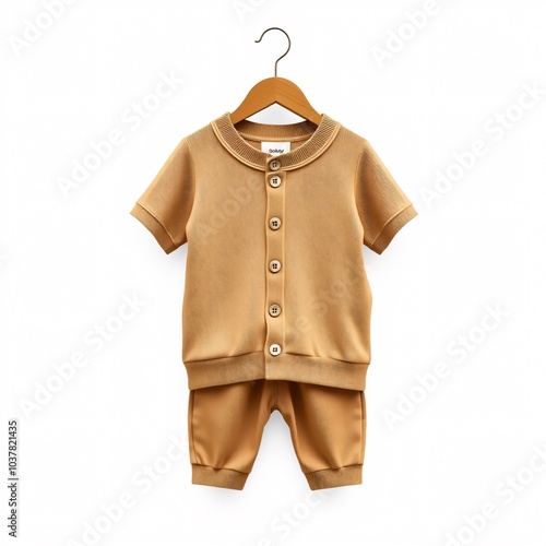 Soft beige children's outfit on a wooden hanger in a well-lit indoor space showcasing a stylish and comfortable design