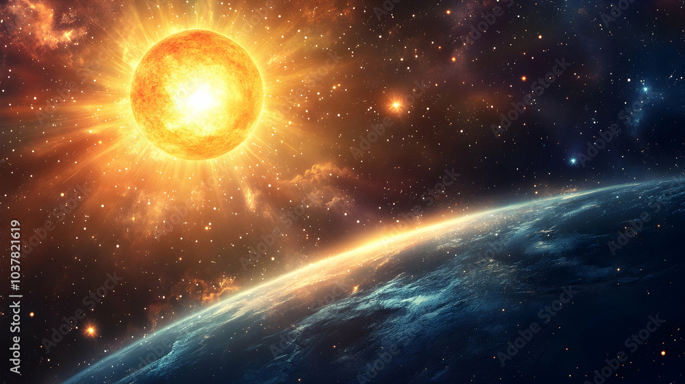 Cosmic 3D Cartoon Vista of the Sun Glowing Amidst Twinkling Stars and Cosmic Dust, Evoking Wonder and the Infinite - Cosmic 3D Cartoon Vista of the Sun Glowing Amidst Twinkling Stars and Cosmic Dust, Evoking Wonder and the Infinite -