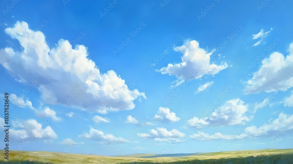 A vast blue sky with a few scattered cumulus clouds, creating a peaceful summer day scene A vast blue sky with a few scattered cumulus clouds, creating a peaceful summer day scene