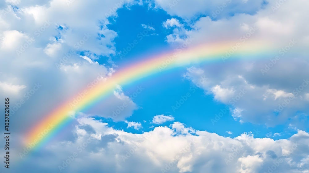 A vibrant rainbow stretching across a partly cloudy sky after a passing rain shower A vibrant rainbow stretching across a partly cloudy sky after a passing rain shower