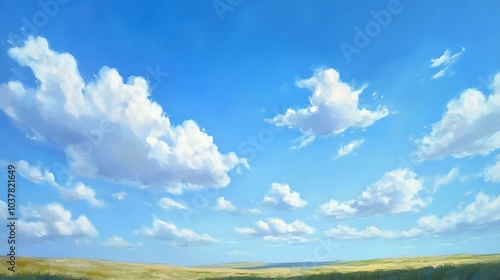 Fototapeta Naklejka Na Ścianę i Meble -  A vast blue sky with a few scattered cumulus clouds, creating a peaceful summer day scene