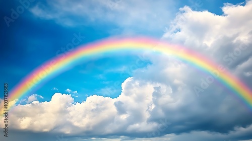 A vibrant rainbow stretching across a partly cloudy sky after a passing rain shower