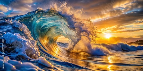 A Golden Sunset Illuminates the Hollow of a Majestic Ocean Wave, Creating a Serene and Breathtaking Scene